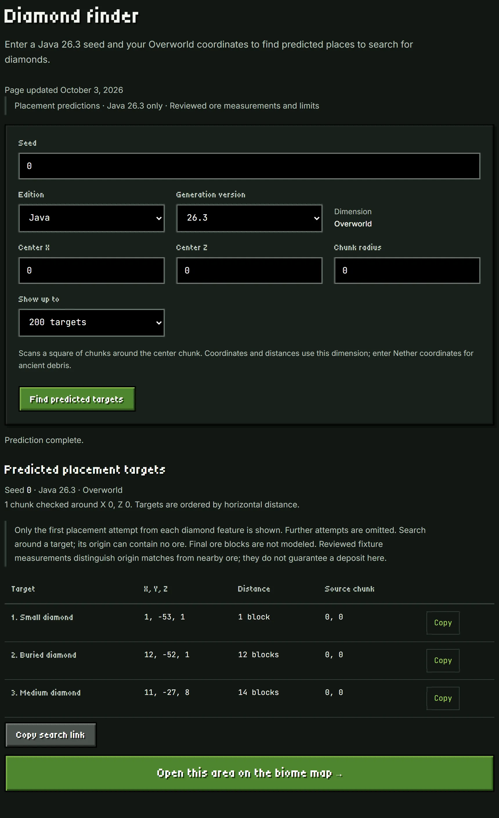 Current Java 26.3 diamond finder for seed 0 in the Overworld, with the input form and three predicted placement targets, including X 1, Y -53, Z 1.