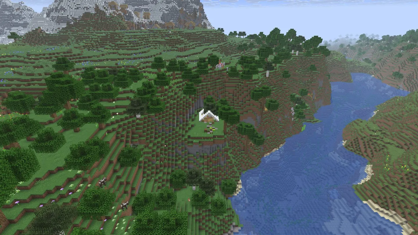 A white tent on a grassy ledge above a river, with oak trees around it and snowy peaks behind. In-game screenshot, Java 26.3.