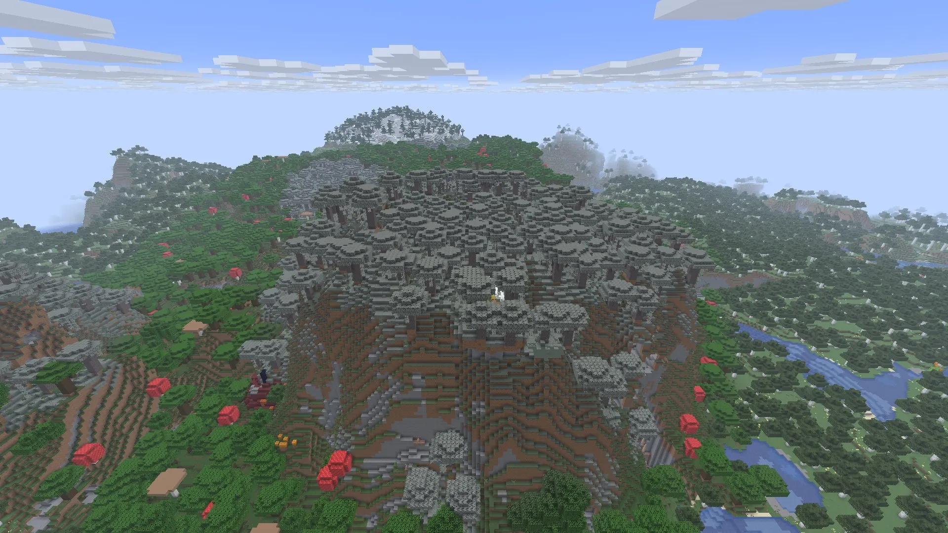 Ein kleines weißes Zelt zwischen grauen Blasseichen auf einer flachen Hügelkuppe, darunter kahle Klippen und rund um den Fuß des Hügels Dunkler Wald mit riesigen roten Pilzen. Screenshot aus dem Spiel, Java 26.3.