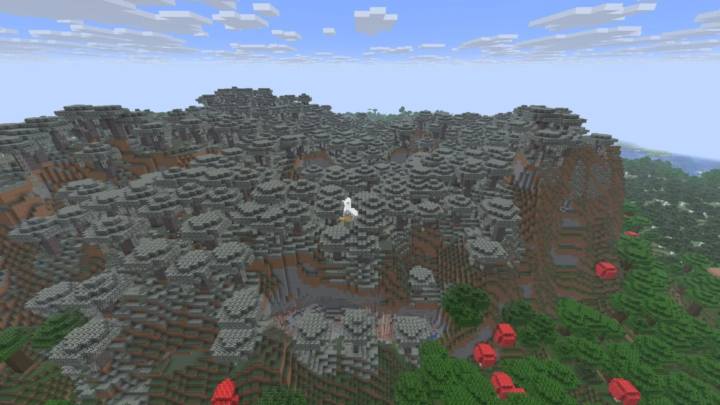 White tent among pale oak trees on a raised plateau above a dark forest. In-game screenshot, Java 26.3.