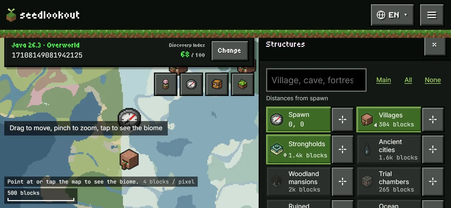 A phone held sideways: the folded world card and a row of tool buttons above the map on the left, and the Structures panel open beside the map on the right. Seed map capture at 844 by 390 pixels of seed 17108149081942125, Java 26.3, Overworld; model prediction.