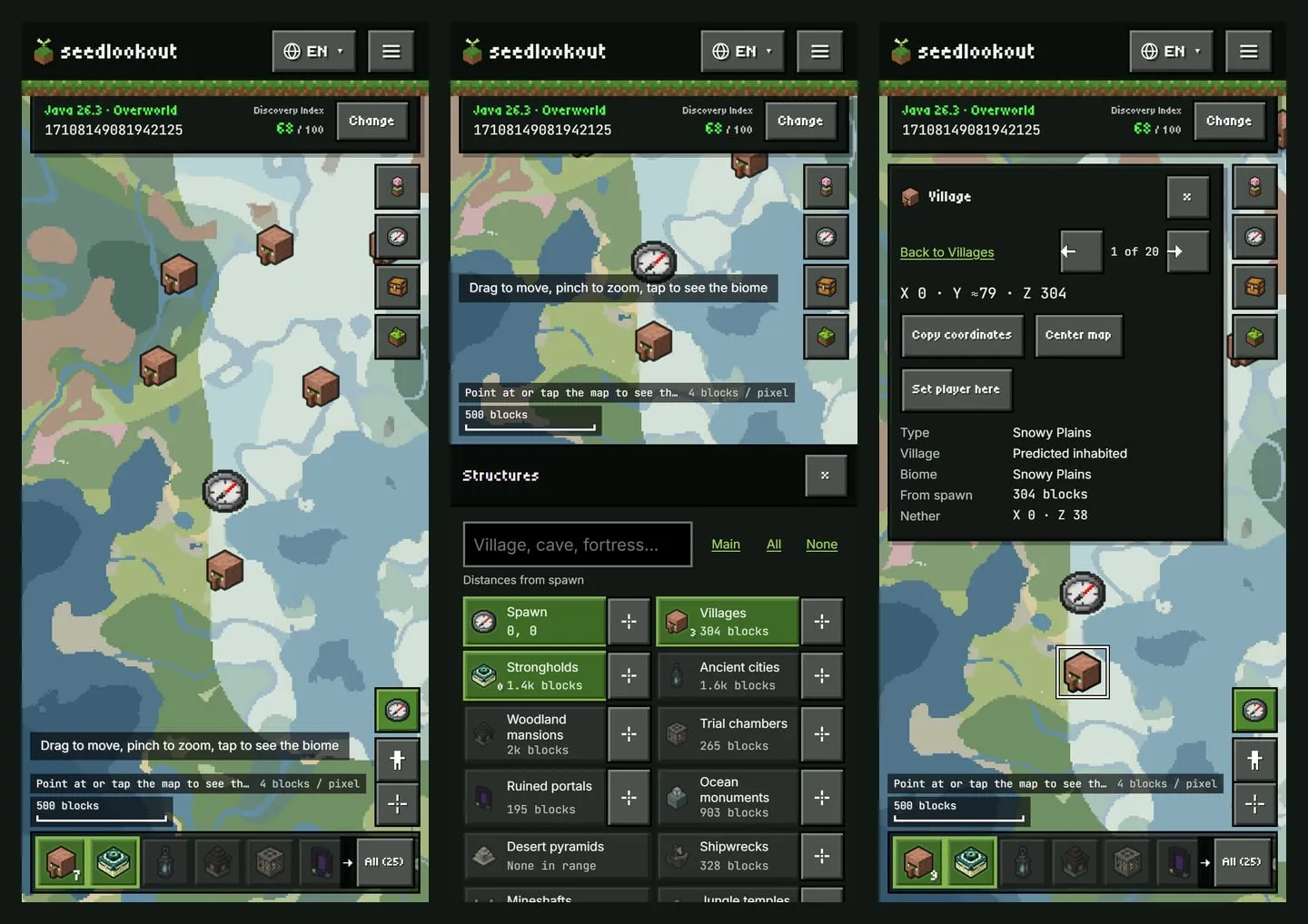 Three phone captures side by side. Left: the seed map at spawn with the folded world card, tool buttons down the right edge and the hotbar at the bottom. Middle: the Structures bottom sheet with tiles showing the distance to each nearest structure. Right: a village location card reading 1 of 20, with Back to Villages. Seed map captures of seed 17108149081942125, Java 26.3, Overworld; model predictions.