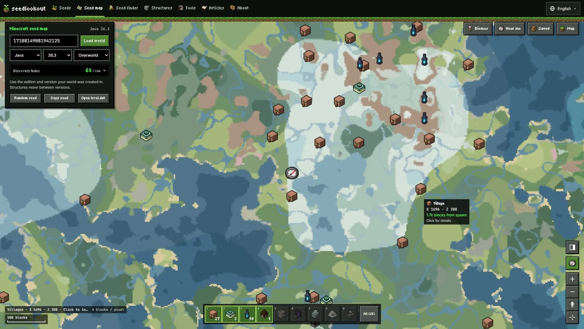 The SeedLookout seed map on a desktop: a world card at top left, tool buttons at top right, a structure hotbar along the bottom and a pointer tooltip on a village. Seed map capture of seed 17108149081942125, Java 26.3, Overworld; model prediction.