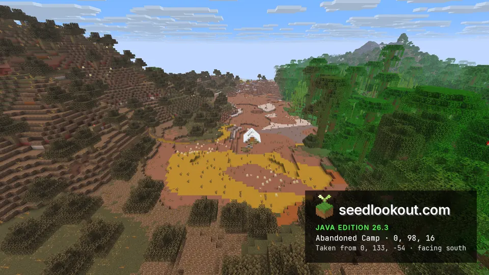 Badlands valley with yellow terracotta bands and a small white tent, jungle on the right and hills beyond