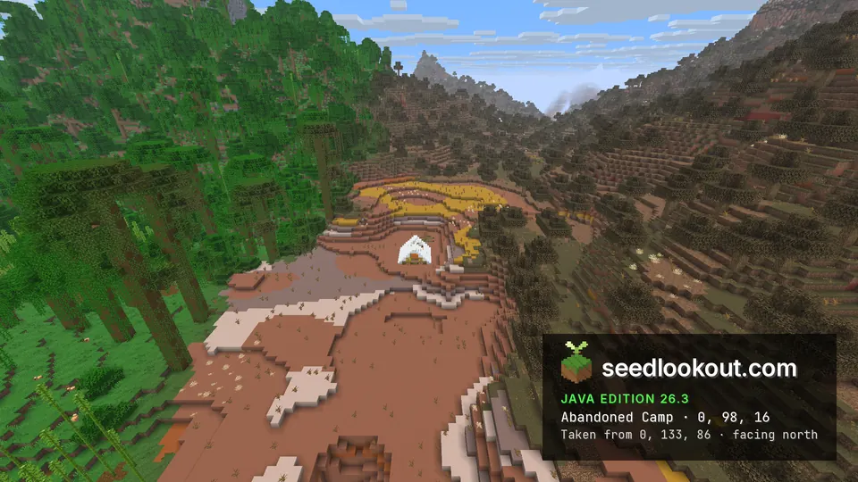 White abandoned camp tent on a terracotta ledge in a badlands valley, jungle slope on the left and a stone peak behind