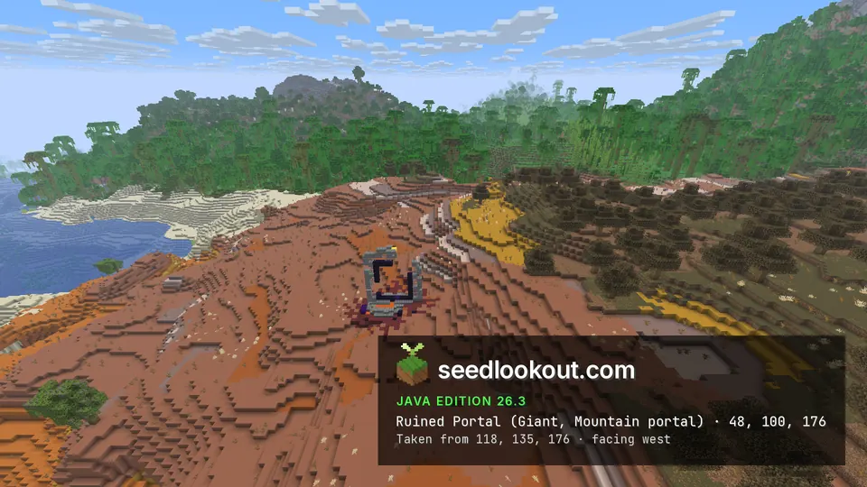 Tall ruined portal of stone bricks and obsidian on terracotta slopes, a lake and sandy shore to the left, jungle behind
