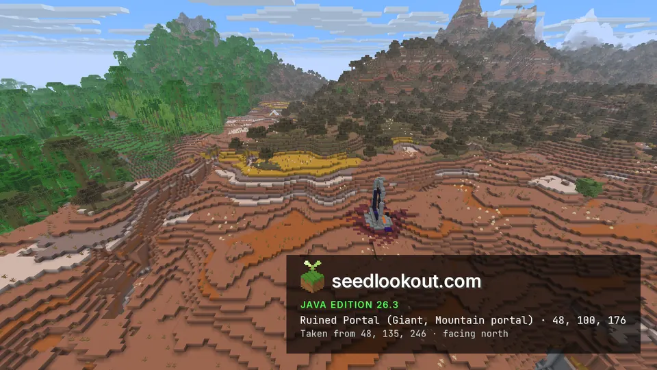 Ruined portal on banded red and white terracotta slopes with a rocky peak and jungle behind