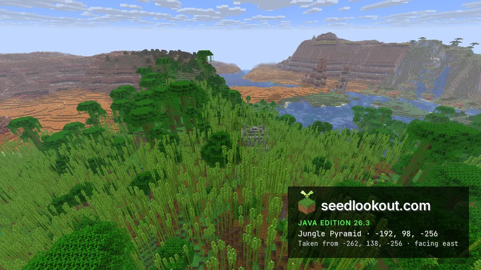 Bamboo jungle with a small grey temple in the middle, a lake and red badlands mesas beyond