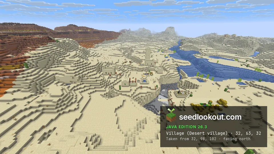 Desert village houses between sand dunes and a winding blue river, red cliffs on the left