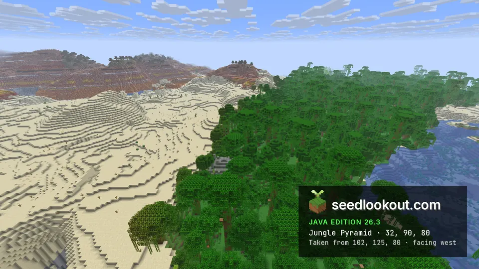 Jungle trees meeting pale sand dunes, a mossy stone temple top among the trees, badlands mesas behind