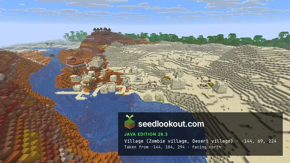 Sandstone village houses on sand dunes beside a blue river, orange terracotta banks and jungle on the horizon