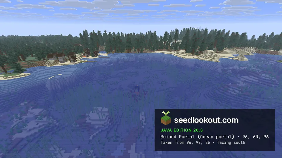 Wide blue bay with a faint portal on the sea floor and a spruce shoreline with village houses behind
