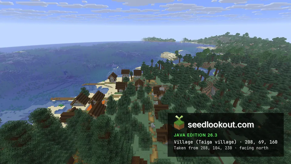 Spruce-wood houses and wooden docks on a sandy shore beside a blue bay, with spruce forest around them
