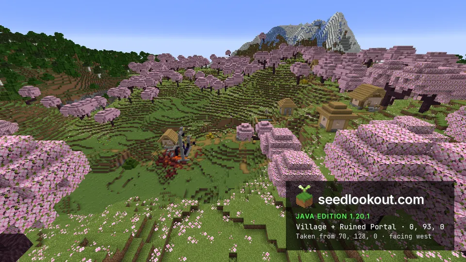 Plains village houses in a cherry grove valley with a ruined portal in the middle and a snowy peak behind