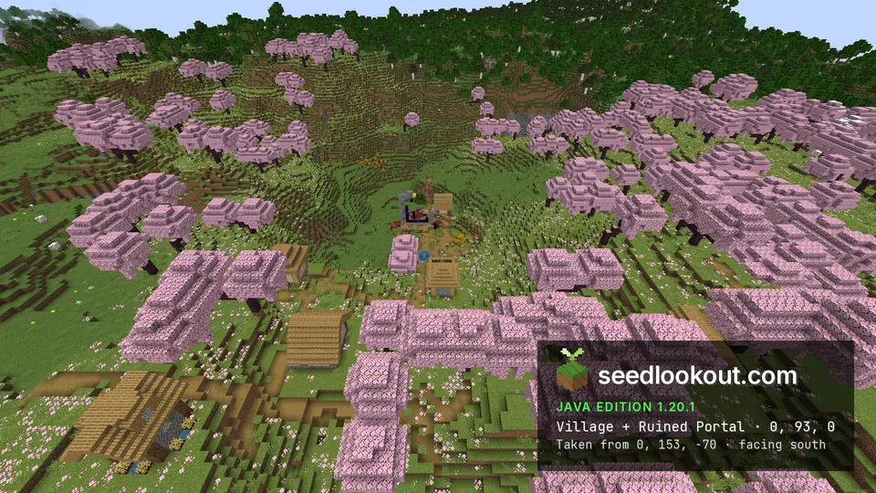 Cherry trees framing village houses, with the ruined portal and dark forest in the distance