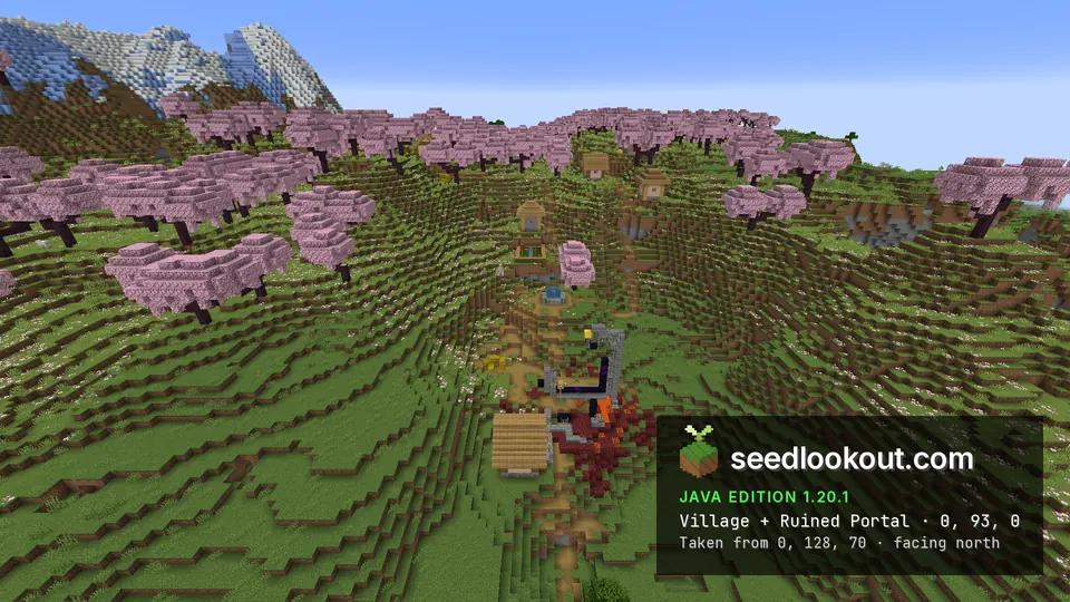 Ruined nether portal with obsidian and magma beside a village path lined with cherry trees