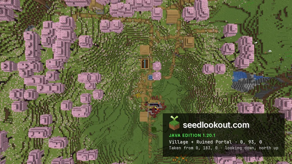 Top-down view of a village path through cherry trees with houses and a ruined portal