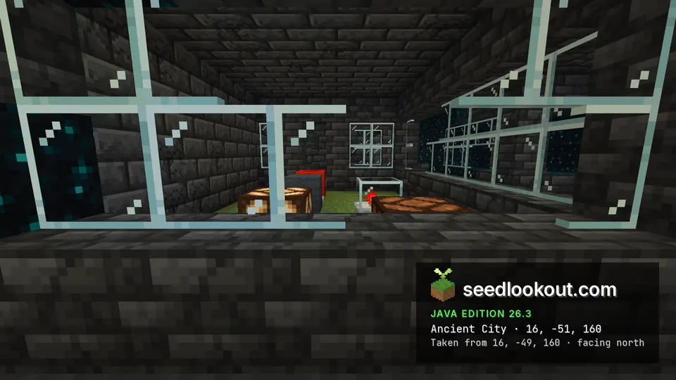 Deepslate brick room seen through glass panes, with a moss floor and sculk blocks in the walls