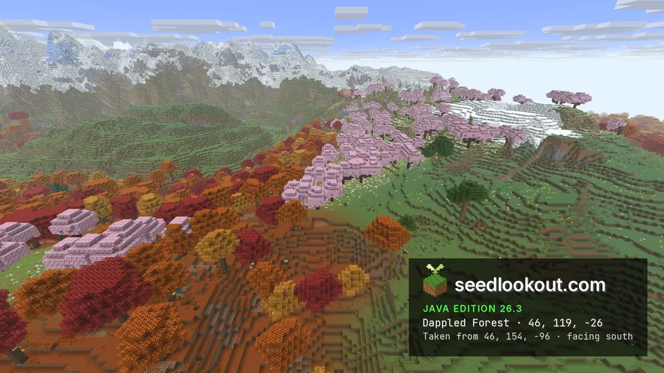 Orange and red dappled forest in the foreground, cherry trees and a snow patch on the slope, snowy mountains behind
