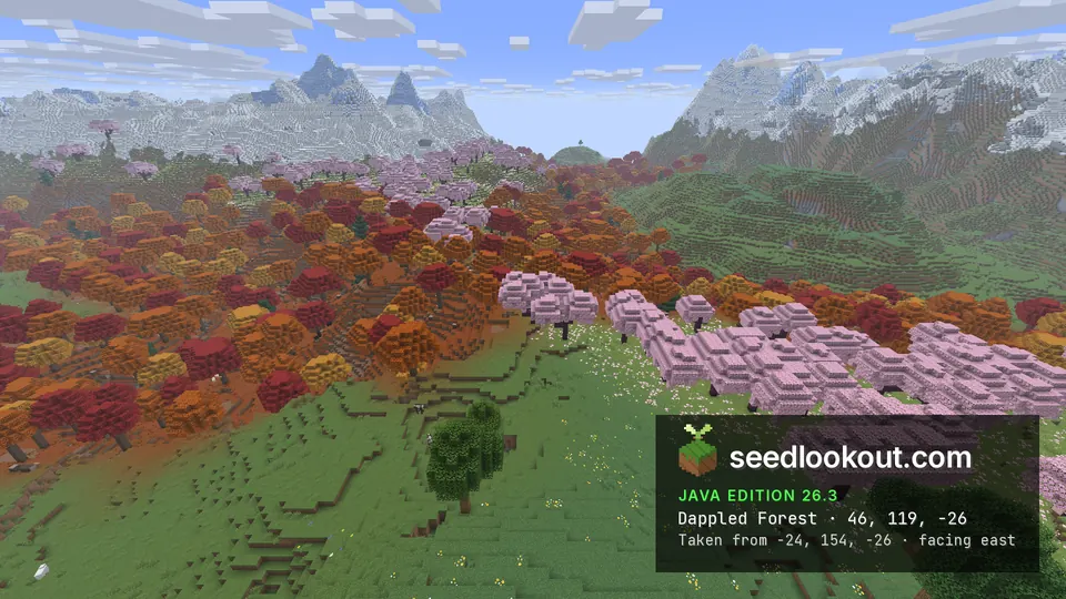 Red, orange and yellow dappled forest beside pink cherry trees on green hills, with snowy mountains on both sides
