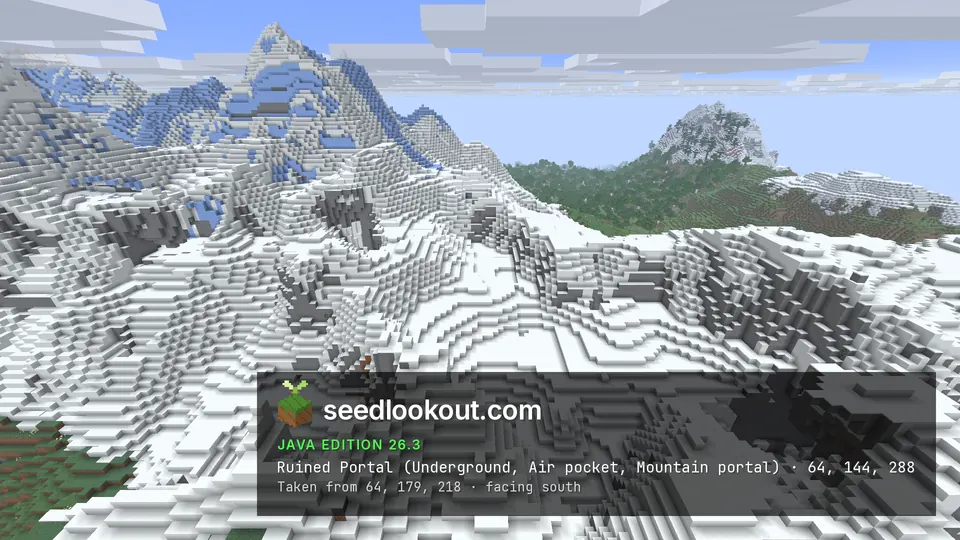 Snow-covered mountain slopes and grey cliffs with blue ice on a peak, a green hill to the right