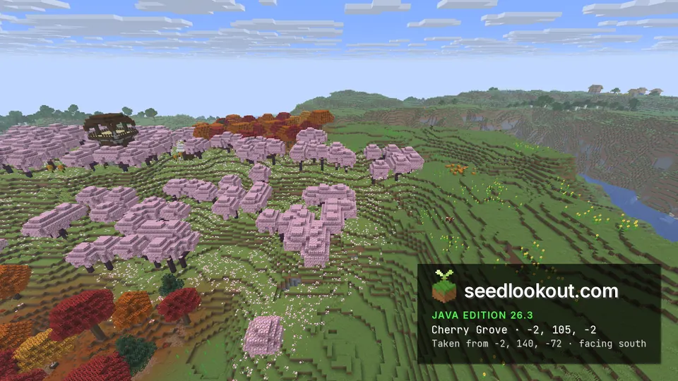 Pink cherry trees across a grassy slope with red trees in front and a dark outpost tower on the skyline