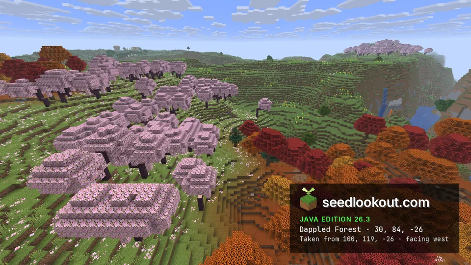 Pink cherry trees and red and orange dappled trees on rolling grass hills, a cliff and river on the right