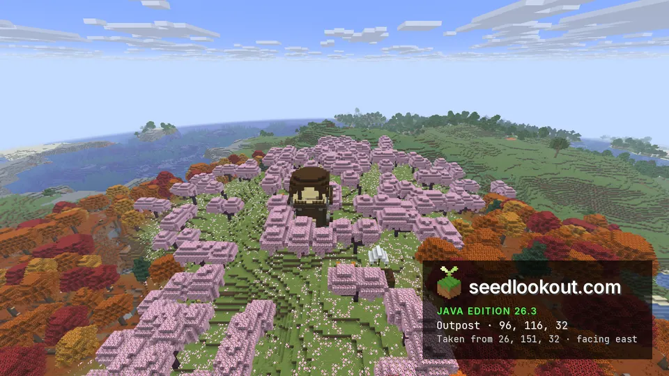 Outpost tower in a ring of pink cherry trees, red and orange forest around it and the sea far behind