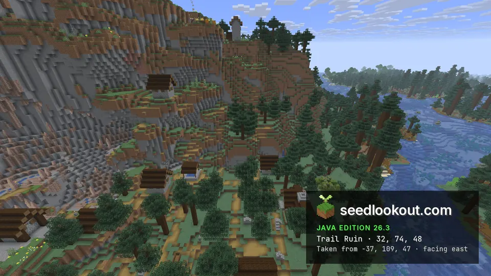 Village houses on ledges up a dirt and stone cliff, a river winding through spruce forest to the right