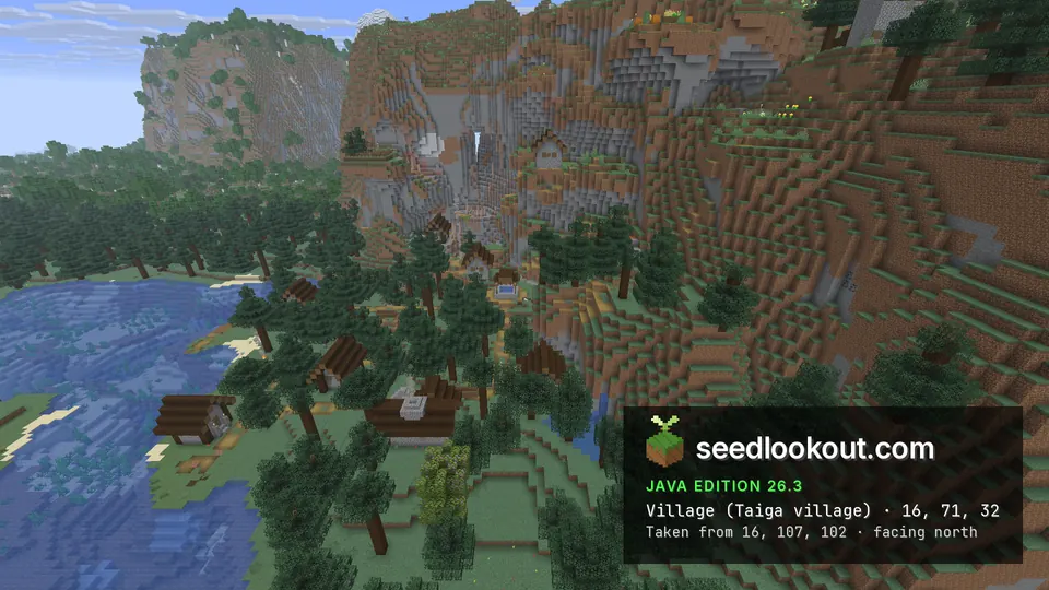 Taiga village houses among spruce trees at the foot of a steep dirt and stone cliff, one house on a ledge, river on the left