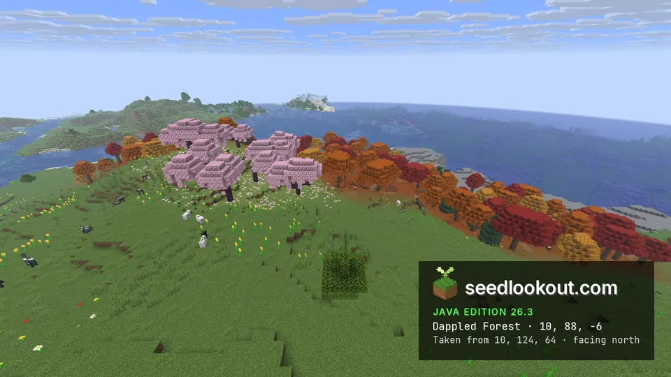 Pink cherry trees and red and orange dappled forest on a grassy ridge, open sea on the right and islands to the left