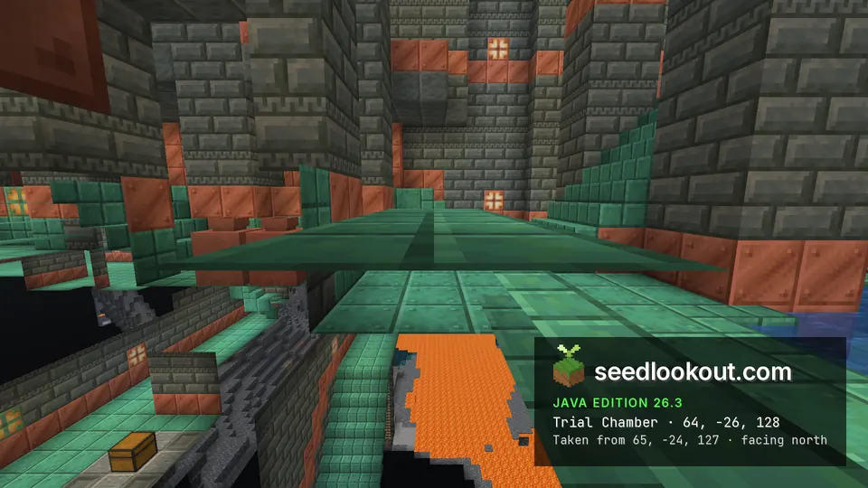 Trial chamber hall of tuff bricks and copper with an oxidized copper floor, a lava pool in the cave cutaway below