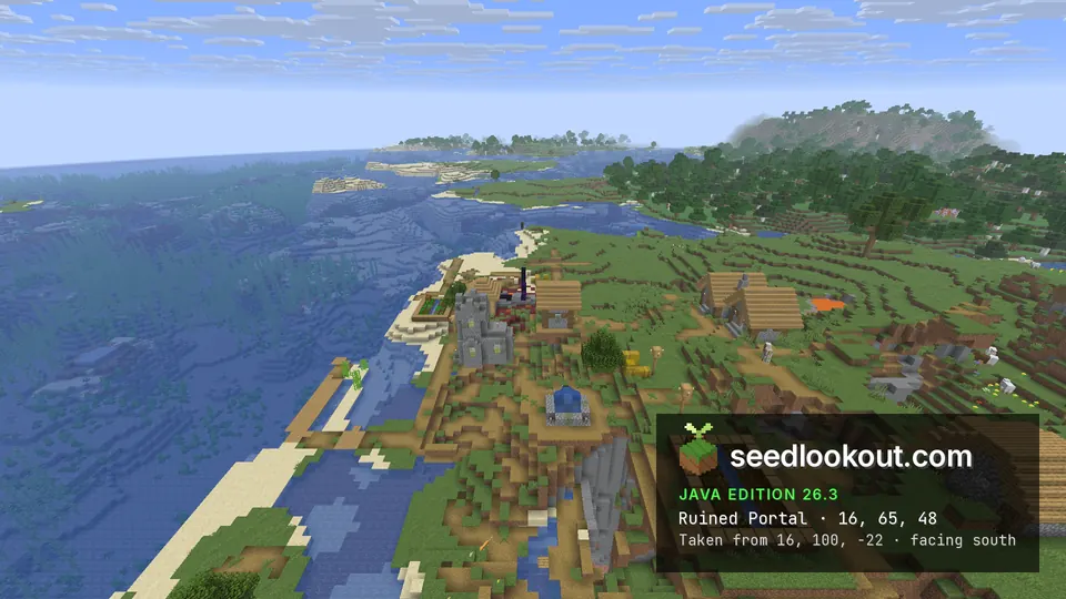 Village streets and houses on a point, with netherrack and obsidian near the shore at the far end
