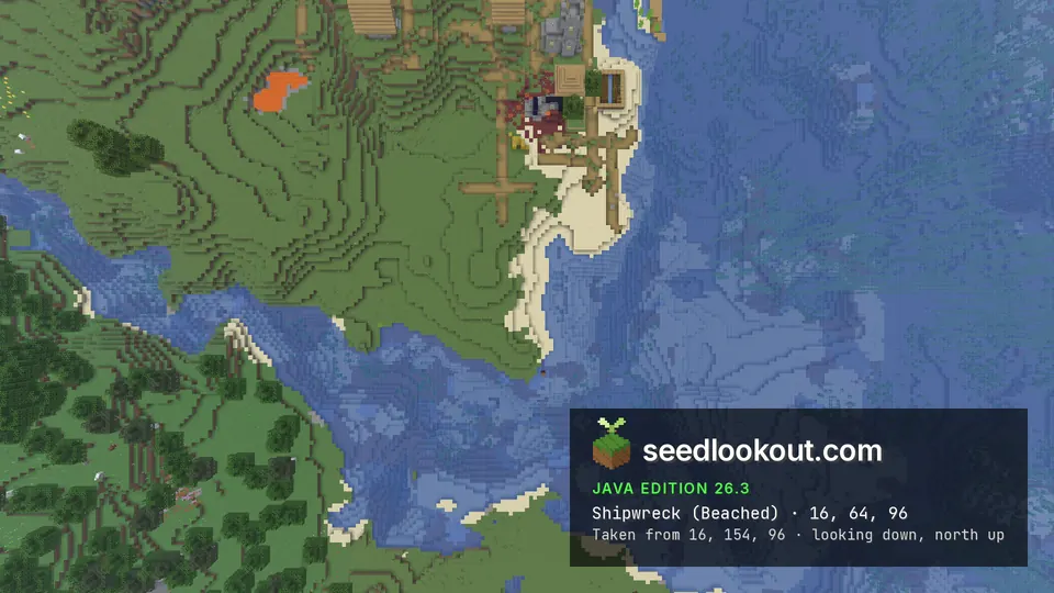 Top-down view of a grassy point ending in a sand spit, blue water around it and village paths at the top