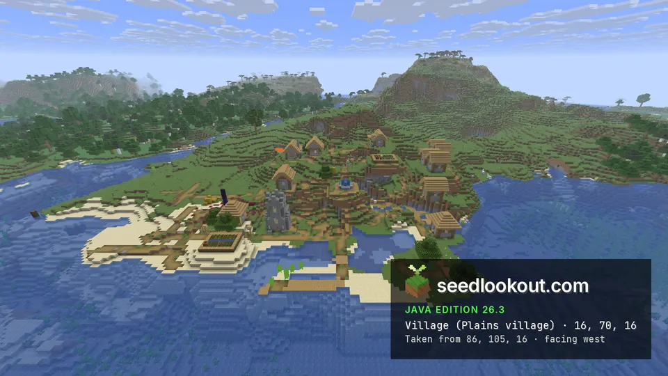Plains village on a grassy point with sandy beaches and blue water, a tall green hill behind