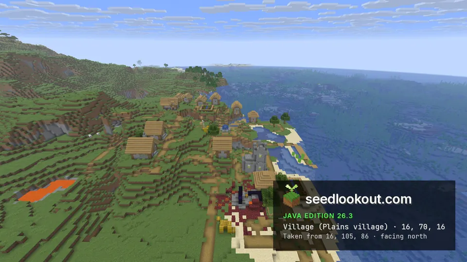 Village houses on a hill, with red netherrack and a dark obsidian frame at the south edge by the shore