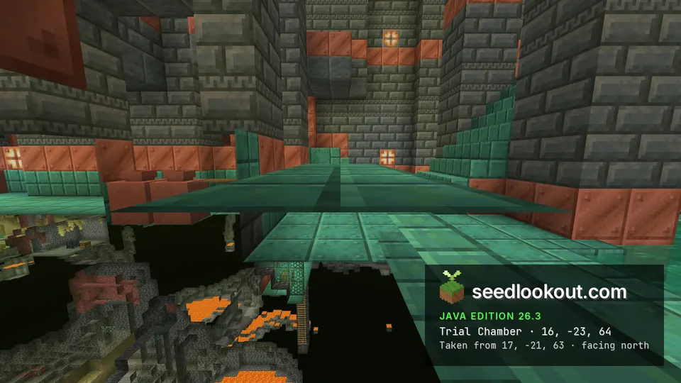 Cutaway underground view of a green copper floor between tuff brick walls, yellow cave rock below
