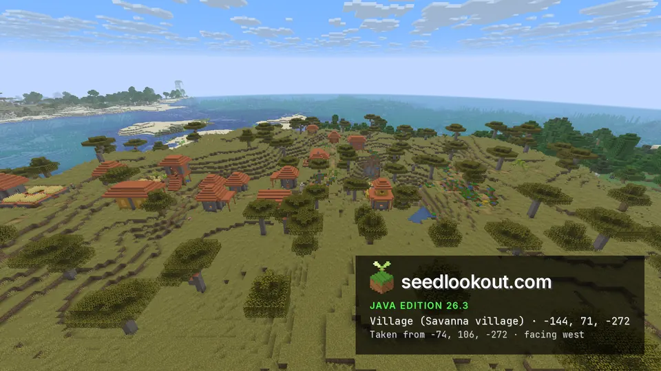 Savanna village with orange terracotta roofs among acacia trees, blue sea and sand bars behind