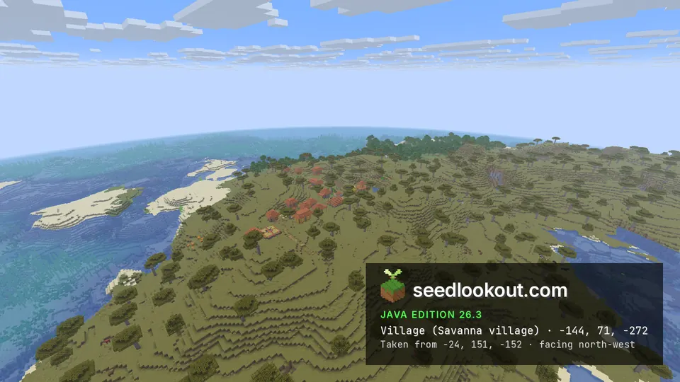 Wide view of a flat savanna plateau with a village, blue ocean and white sand bars along its edge