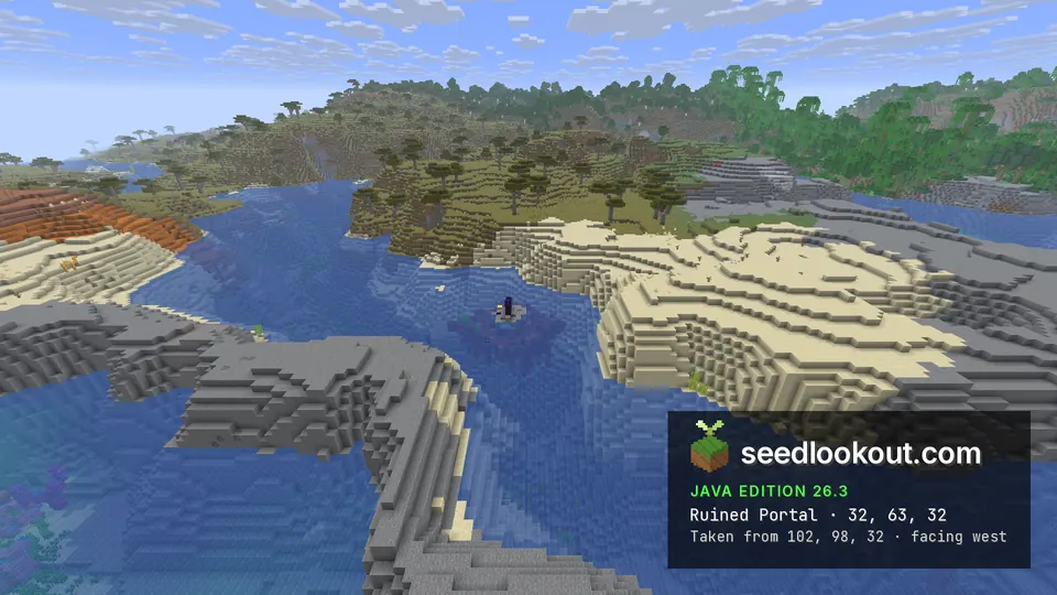 Small obsidian portal in a blue cove between sand banks and acacia savanna, grey stone shore in front