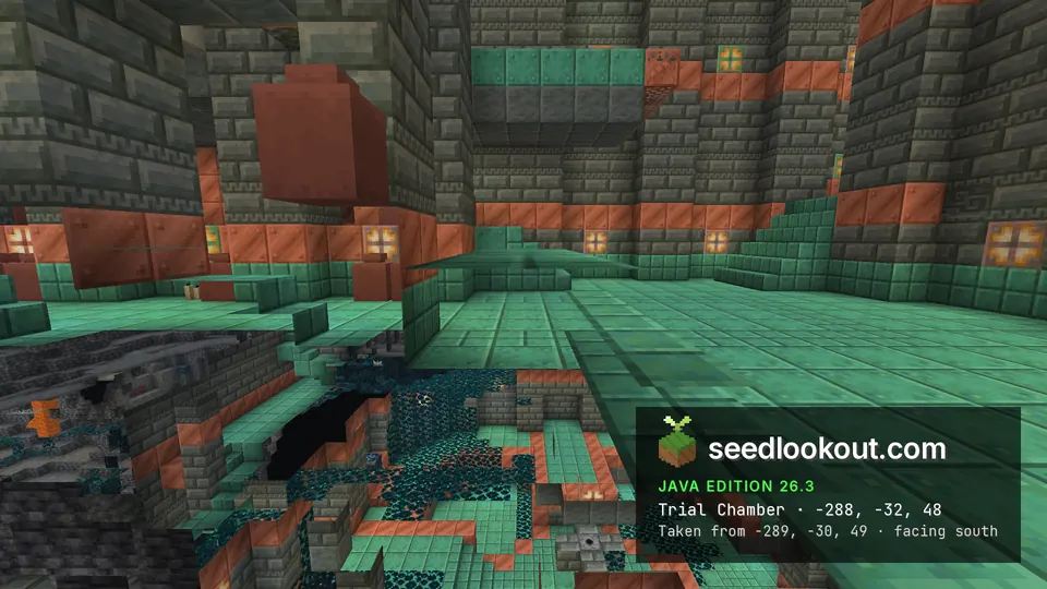 Cutaway of a trial chamber room with green copper floor and tuff brick walls, sculk in the rock below