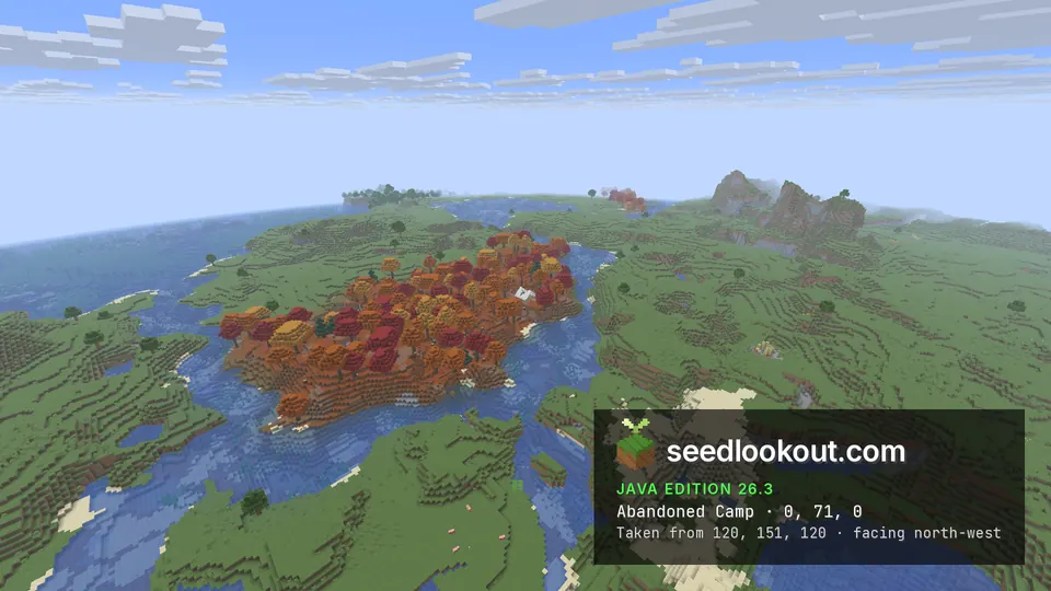 Wide view of a small red and orange forest beside a river on green plains, rocky hills on the horizon