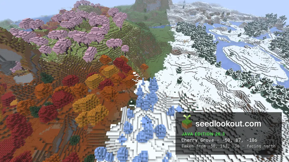 Cherry trees on a grassy hilltop above orange dappled forest, with snow, ice spikes and spruce trees to the right
