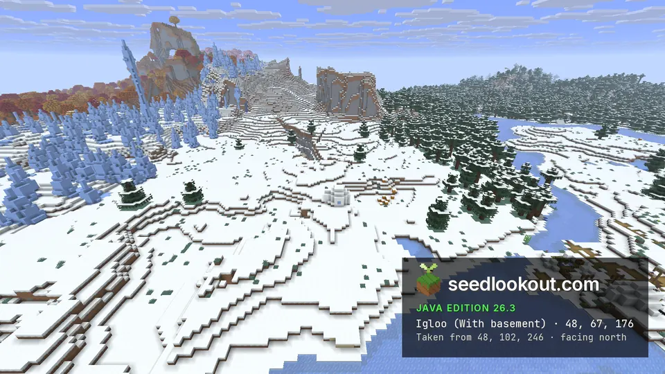 Small snow igloo on white plains beside a frozen river, blue ice spikes to the left and a stone arch on the horizon