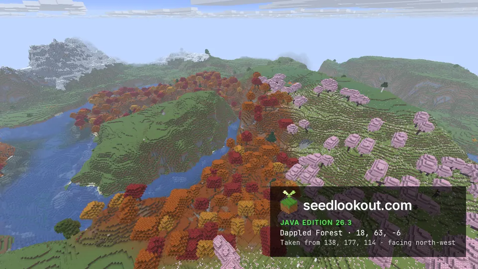 Red and orange dappled forest along a river winding around a grassy hill, cherry trees on the slope to the right