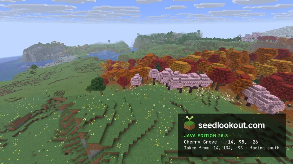 Pink cherry trees at the edge of an autumn-coloured forest on a grassy hillside, water and cliffs behind
