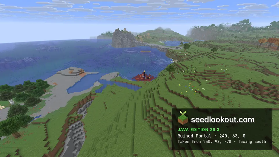 Small ruined portal on netherrack at the edge of a bay, with a shipwreck in the water beyond it