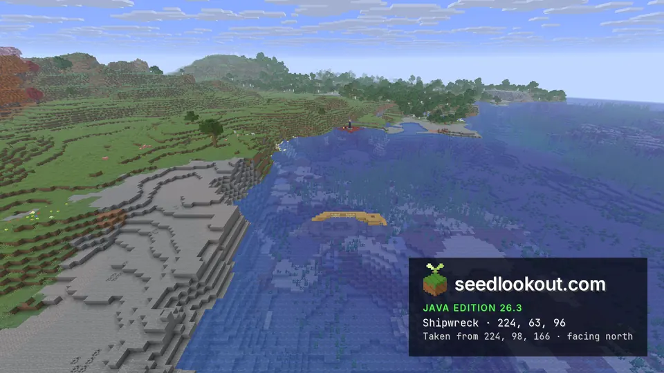 Wooden shipwreck just below the water off a grey stone shore, the ruined portal on the far bank