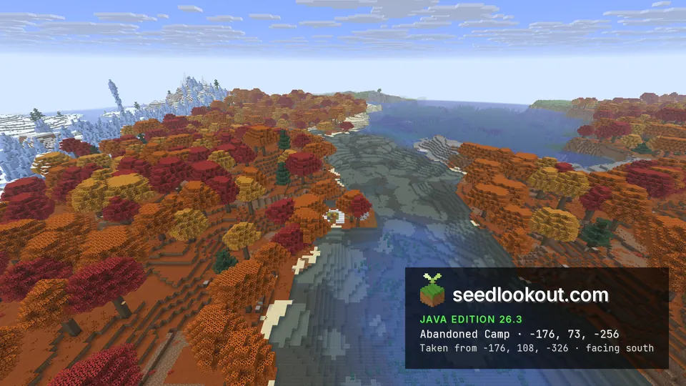 Lake running through red and orange forest, ice spikes on the left and green hills in the distance