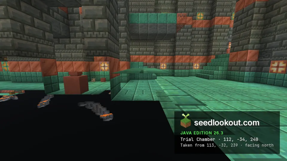 Tuff brick room with copper trim and a green copper floor, dark cave space in the foreground